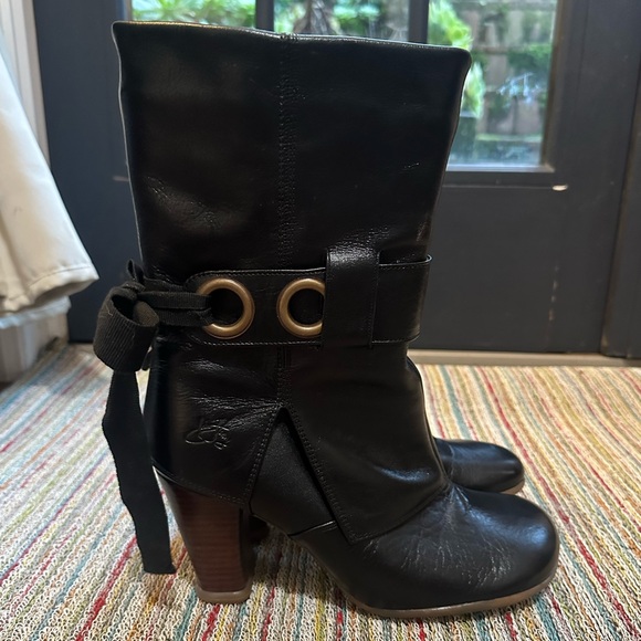 Fluevog VINTAGE LIKE NEW Sopranos Inge black mid-calf ribbon apron boot -9.5/10 - Picture 3 of 16